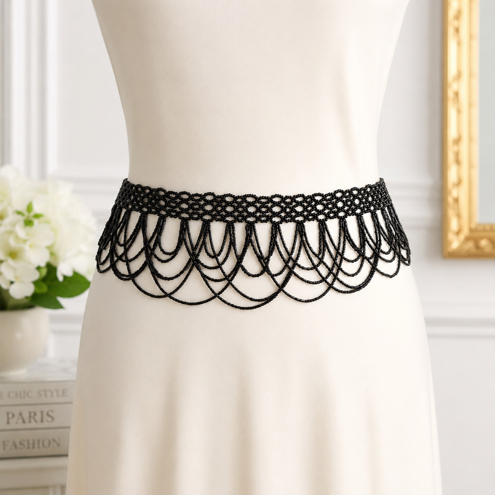 Black Seed Bead Statement Waist Hip Belt Adjustable Scalloped Fringe Boho Gothic